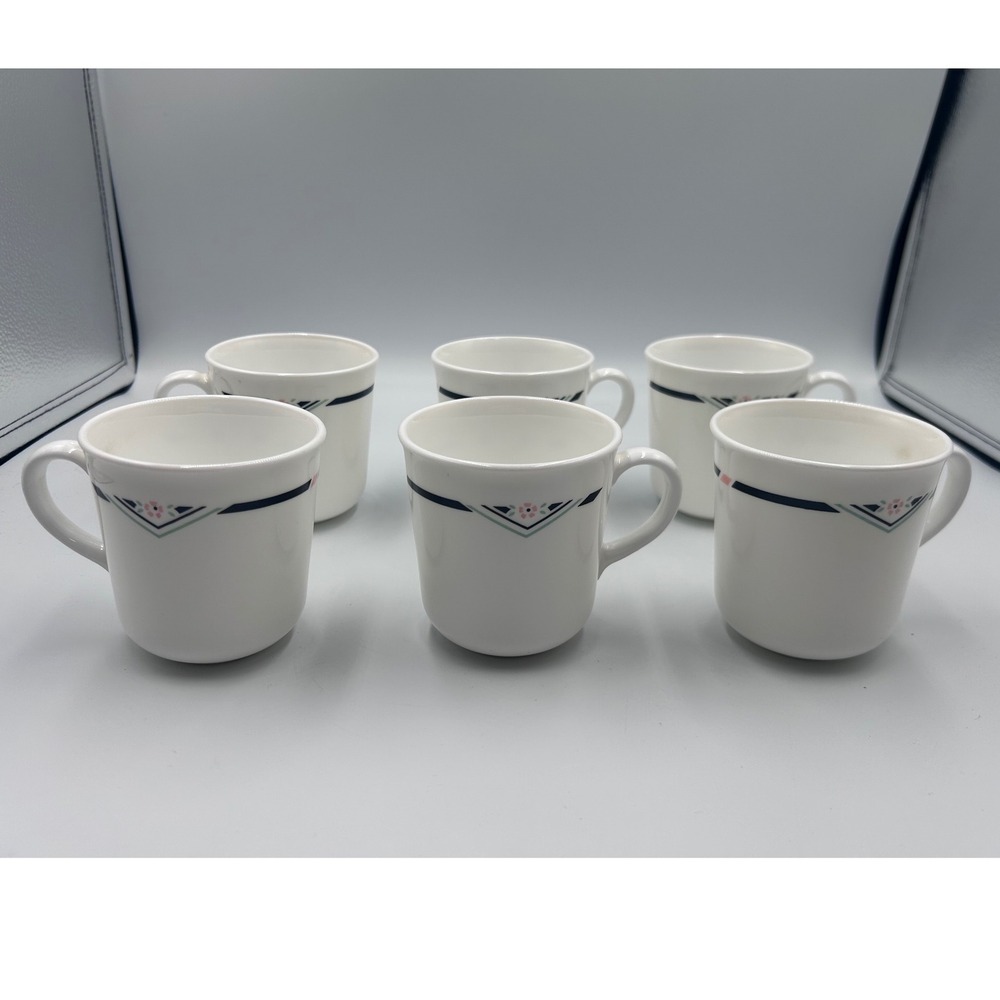 Corning Corelle Zenith Coffee Cup Mug White Black Trim Pink Flowers 8 oz. Set 6